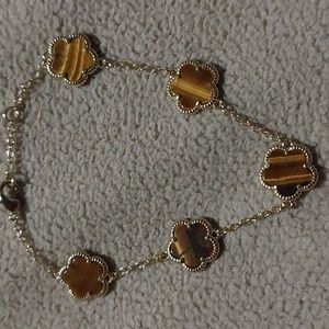 Flower 14K Goldplated & Tiger Eye Stone Clover Station Bracelet